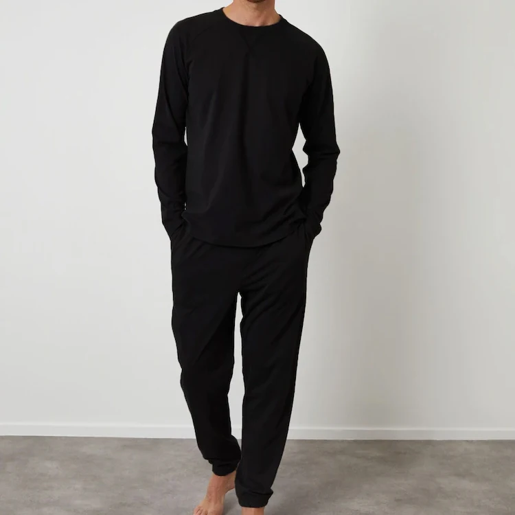 Cotton two piece Lounge Set organic jersey men's pyjamas long sleeve tshirt and pant sets custom mens homewear