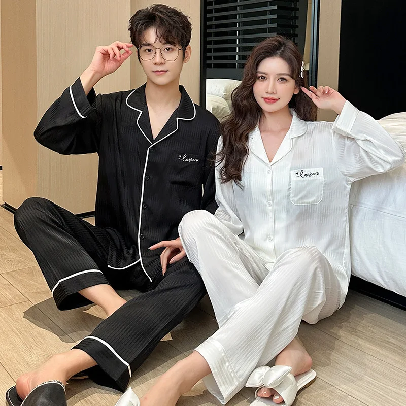 Couple Pajama Women Spring Autumn Ice Silk Long Sleeve Pants Loose Home Wear Men Plus Size Casual Set