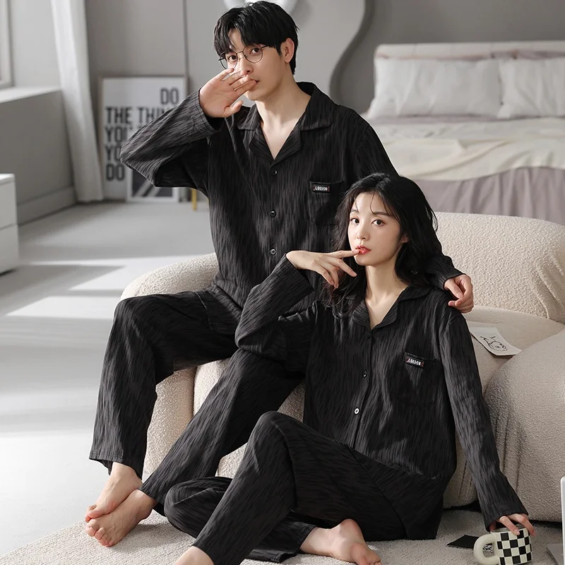 Couple Pajamas Set Women's Spring Autumn Long Sleeve Men's Large Size Simple Casual Home Clothes Elastic Waist