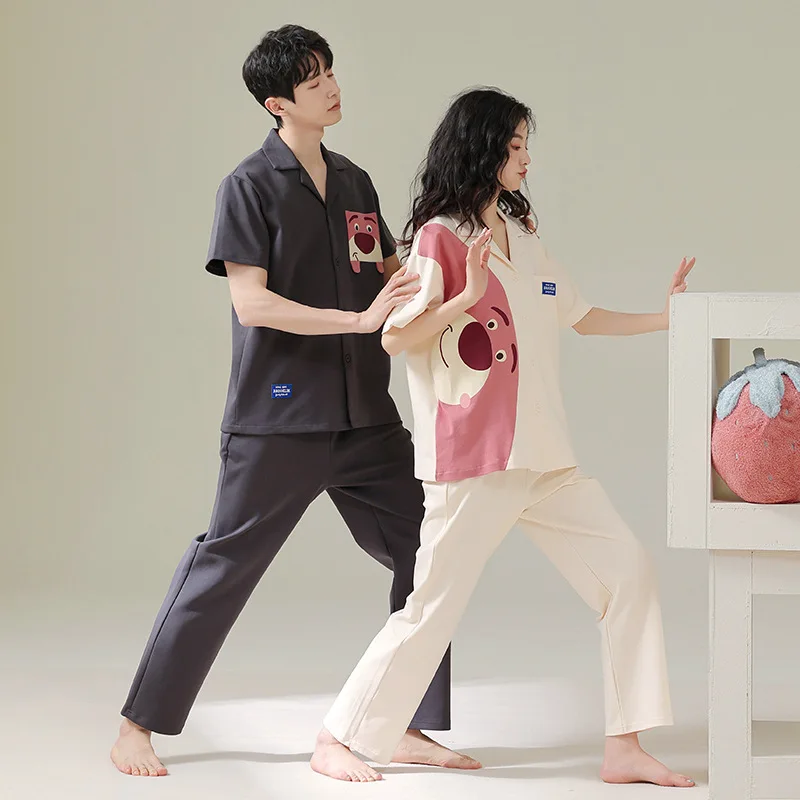 Couple Pajamas Spring and Summer Pure Cotton Short Sleeved Trousers Thin Strawberry Cousy Bear Mens Womens Home
