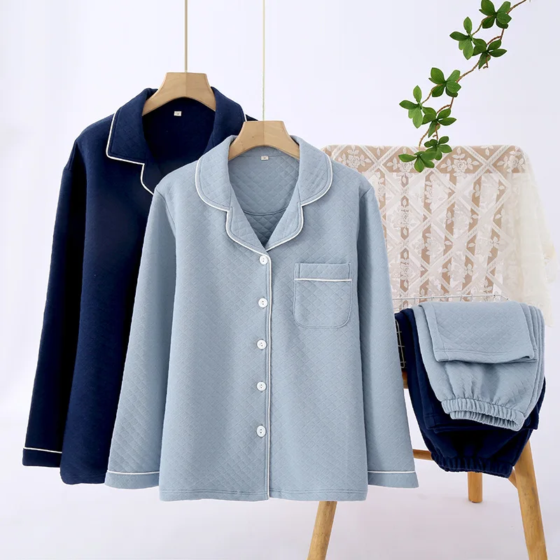 Couples Home Clothing New Cotton Air Layer Pajamas Suit Solid Color Japanese Casual Fall Winter Men Women Couples Sleepwear