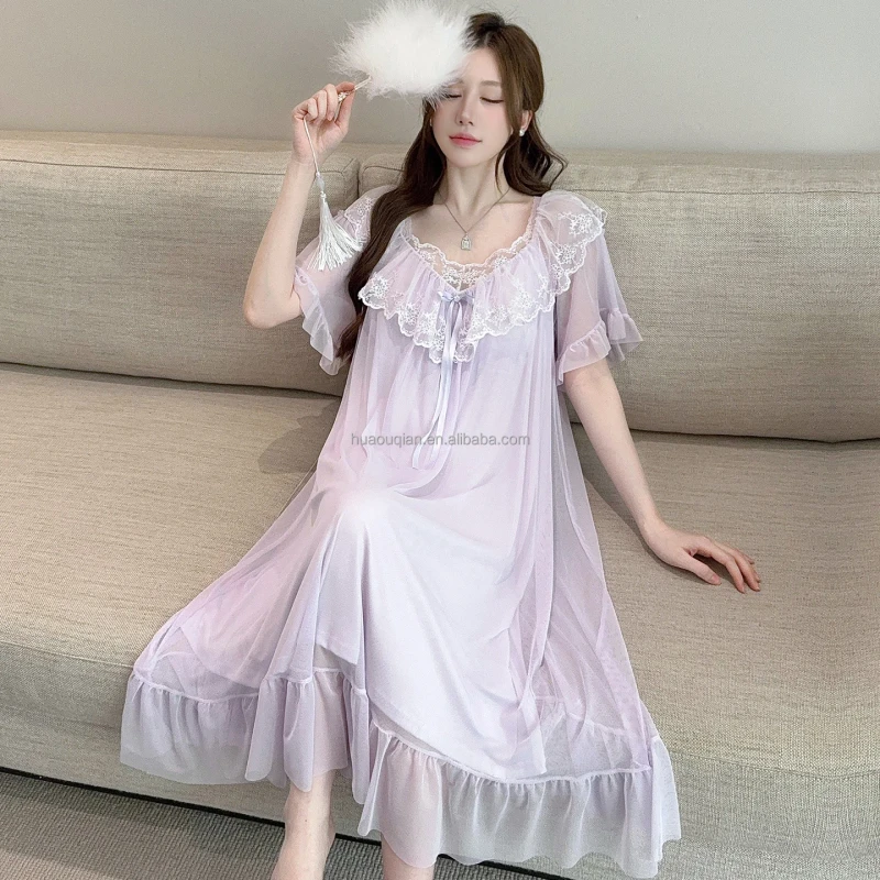 Courtly Style Elegant Lace Trim Breathable Soft Mesh Gauze Summer Nightgown Casual Fashion Nightdress
