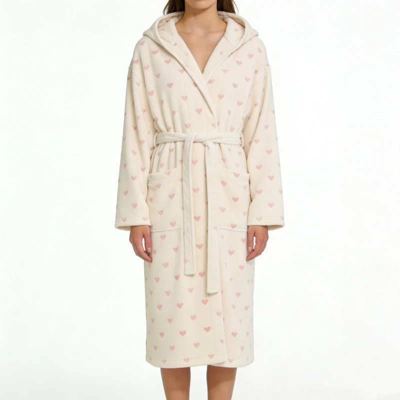 Cozy Plush Fleece Hooded Robe with Pink Heart Print Women's Comfortable Loungewear for Home