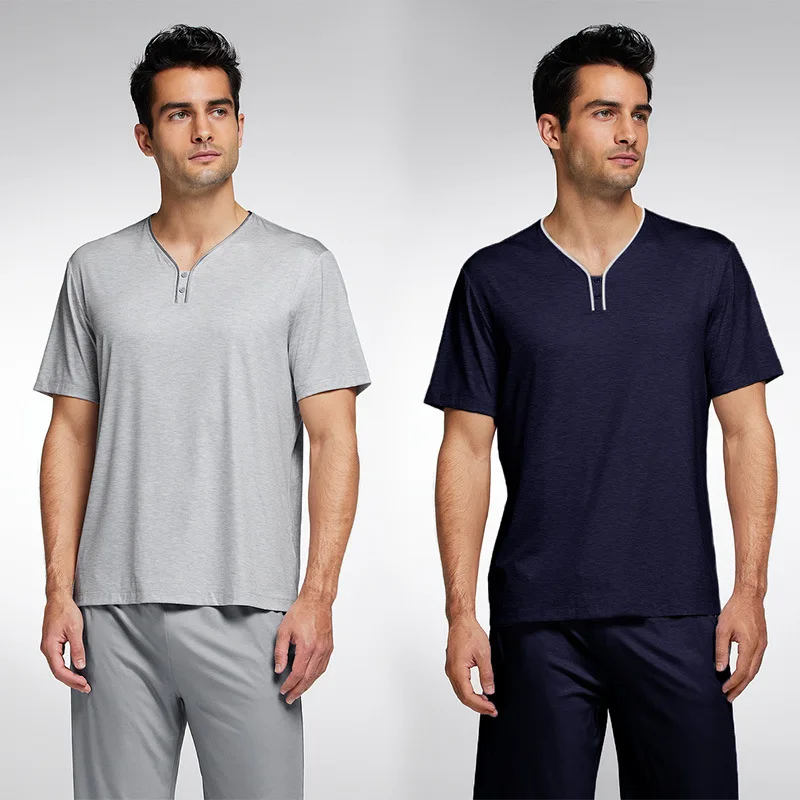 Cozy Summer Modal Men's Sleepwear Custom 2-Piece Set Breathable Plus Size Casual Knit Lounge Wear with Smooth Short Sleeves