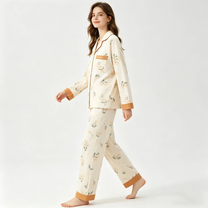 Cream Beige Rose Print Women Pajamas Set Long Sleeve Knit Cotton Loungewear Button Down Sleepwear Two Piece Nightwear