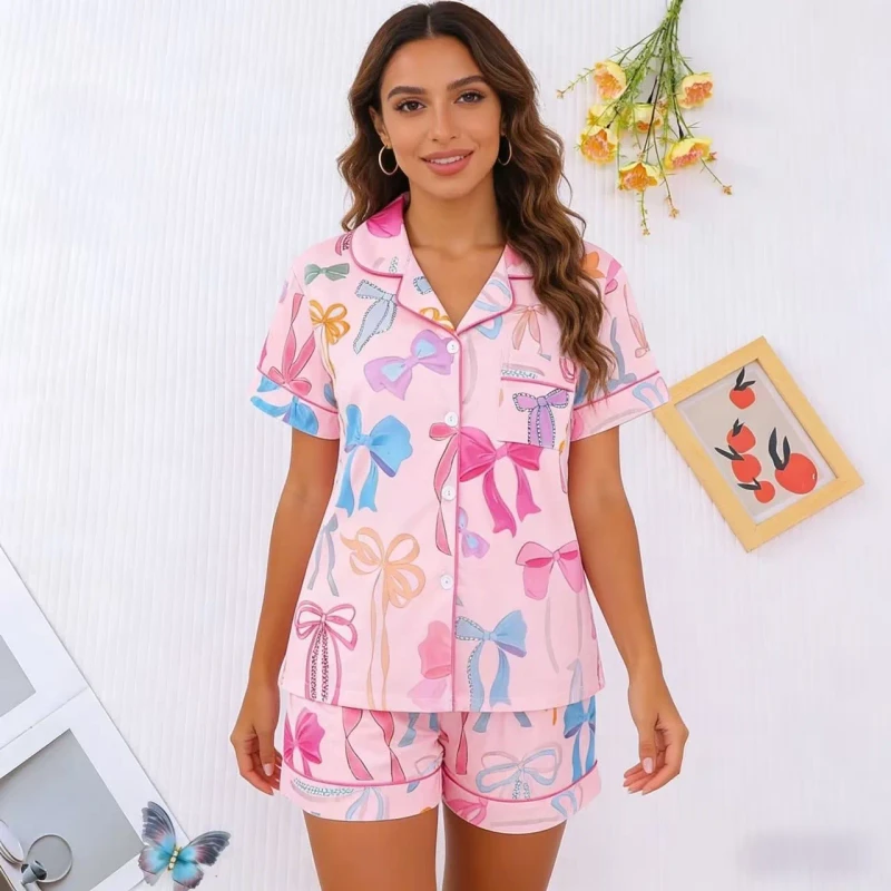 Cross Border Foreign Trade Pajamas Summer Dot Print Lapel Loose Short Sleeved Shorts Breathable Milk Silk Women's Home Suit