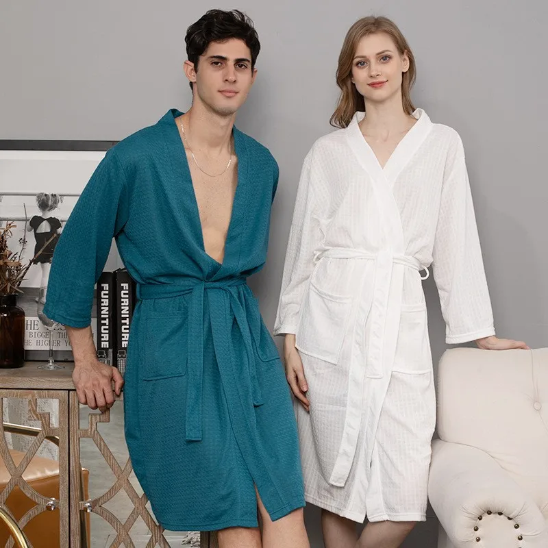 Cross Border Long Winter Loungewear Elastic Waist Waffle Bathrobe Men's Women's Nightgown for Hotel Stay Solid Dropshipping