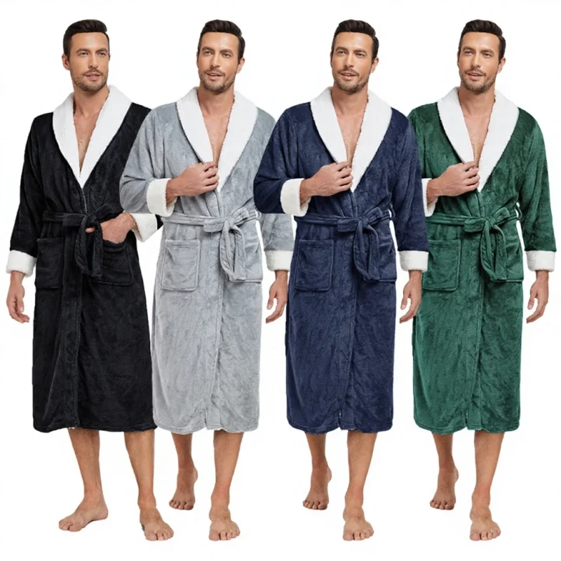 Cross Border Men's Solid Color Lapel Nightgown Flannel Polyester Long Comfortable Heavyweight Sleep Bathrobe Loungewear Home Use