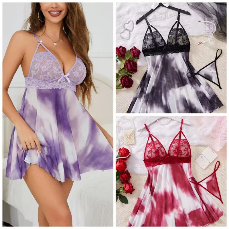 Cross Border Sexy Lingerie Two Piece Set Strap Long Dress Mesh Transparent Nightdress