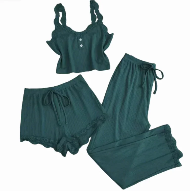 Cross-Border-Solid-Summer-Lace-Sleeveless-Camisoles-Long-Shorts-Pajamas-for-Women-Slim-Fit-Three-Piece-Set-for-Outerwear