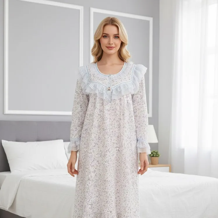 Cross-Border Trade Long-Sleeve Pajamas Spring and Autumn Loose Home Wear Nightdress Lace Trim Sweet