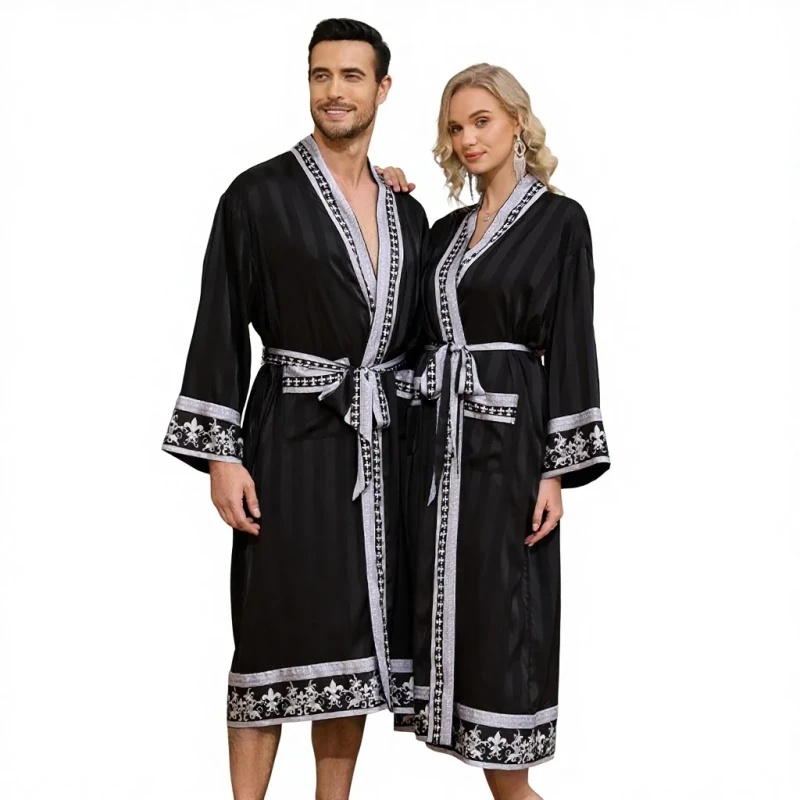 Cross border Baroque Style Summer Men's Nightgown Long Sleeve Robe Morning Gown Luxury Satin Bathrobe WP3403