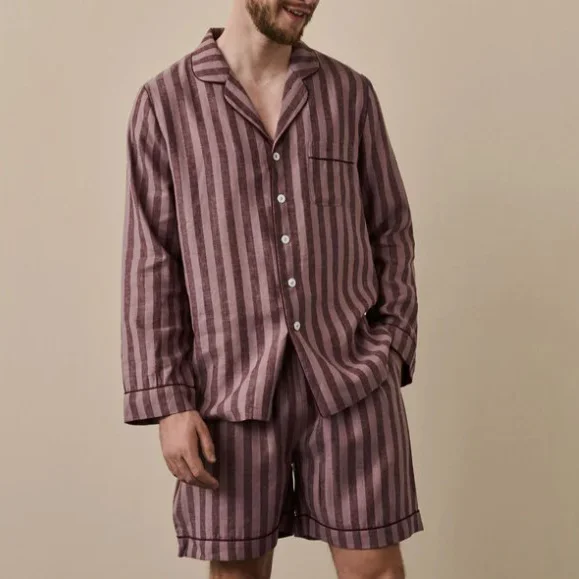 Custom 100% Linen Breathable Pockets Sleepwear Machine Washable Casual Loose Long Sleeves Men Striped Combo Pajamas
