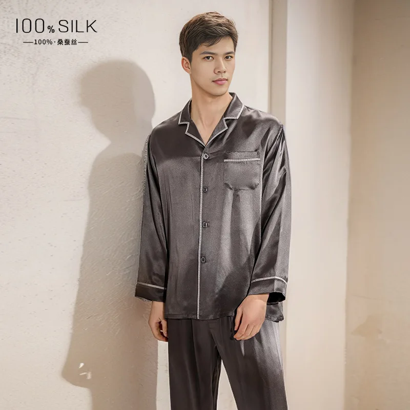 Custom 19mm 100% Silk Long-Sleeved Pants Pajamas for Men 100% Silk Satin Nightgown Sleepwear Lounge Set