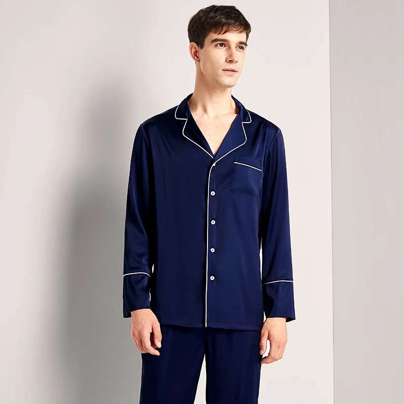 Custom 19mm Luxury Solid Color Real Silk Men's Pajama Pant Set Long Sleeves 100% Silk Satin Nightgown Sleepwear Lounge Set