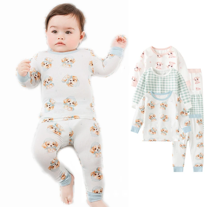 Custom 95% Bamboo 5% Spandex Print Baby Clothing Sets 2 Pcs Long Sleeve Sleepsuits Summer Kids Bamboo Pajamas Pretty Pattern