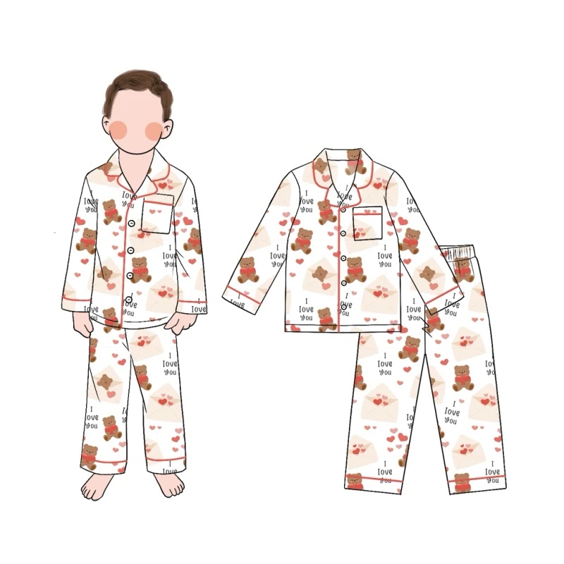 Custom Best PriceBreathable Pajama Two Piece Set Boys Button up Pajamas Sets Round Neck Cute and Comfortable Sleepwear
