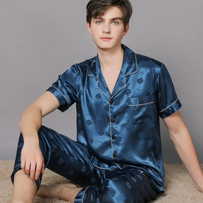 Custom Button-down Pajamas Home Wear 2 Men's Silk Satin Pajamas Lounge Wear Mens Sleepwear