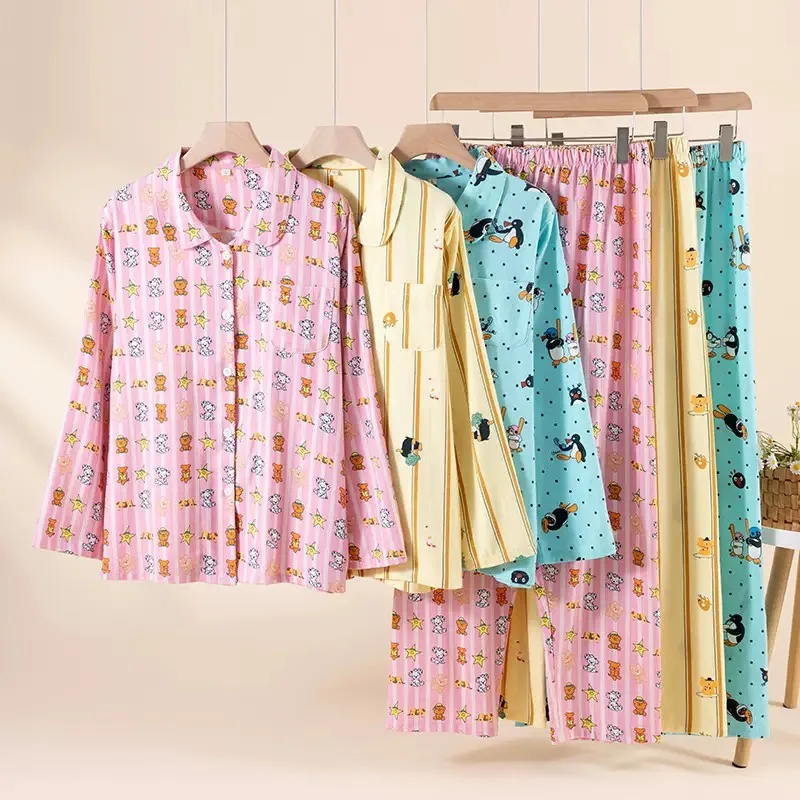 Custom Casual Comfortable Women's Nightwear Set Cartoon Penguin & Bear Print Long Sleeve PJs