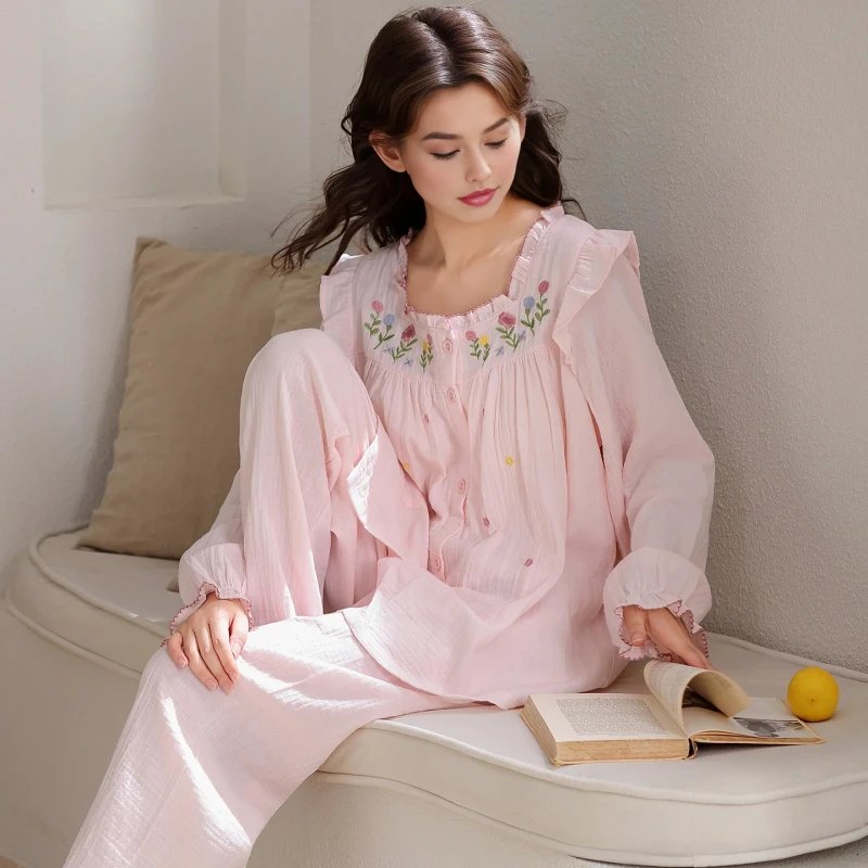 Custom Cloud Cotton Women's Casual Pajamas Sets Autumn Spring Nightshirts Sweet Ruffle Edge Flower Printed Sleepwear