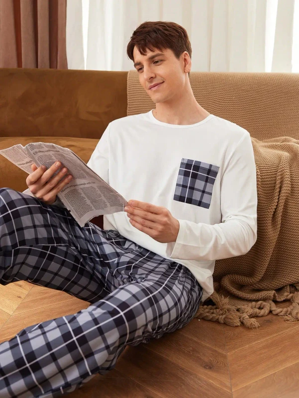 Custom Color Casual Breathable High Quality Plaid Long Sleeve Men's Pajamas Sets