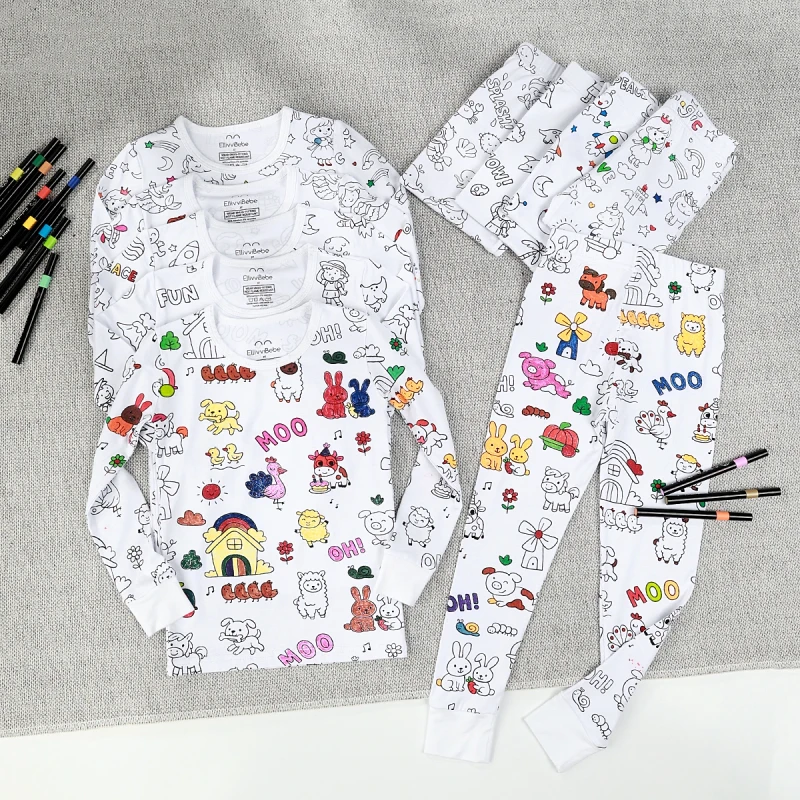 Custom Color in Pajamas DIY Hand Painted Boys and Girls Sleepwear Children Two Piece Pajama Set Coloring Pajamas for Kids