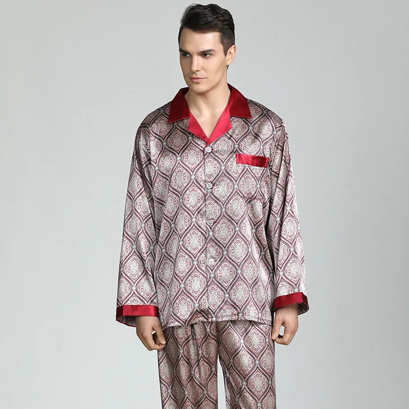 Custom Comfortable Men's Casual Satin Long Sleeve Pajama Set 100% Polyester Breathable Soft Summer Nightwear for Home Use