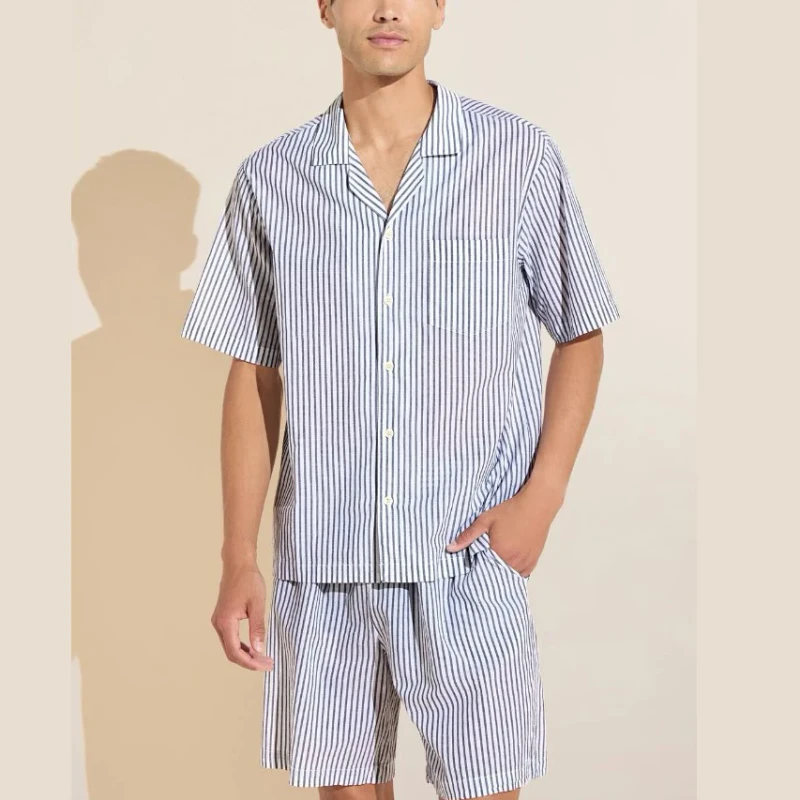 Custom Comfortable Sleepwear Men's Bambo Pajamas Set 2 Piece Men Printed Stripe Cotton Short PJ Set pajama set custom