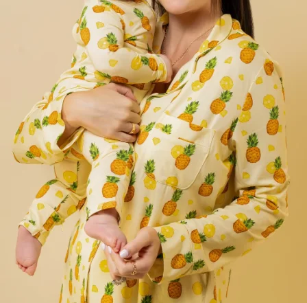 Custom Cotton Bamboo Fiber Soft Cozy Family Loungewear Mommy and Me Matching Pineapple Print Pajama Set