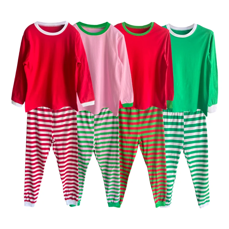 Custom Cotton Christmas Pajamas Set Green Stripe Family Sleepwear Pyjamas Blank Top Christmas Matching Family Pajamas