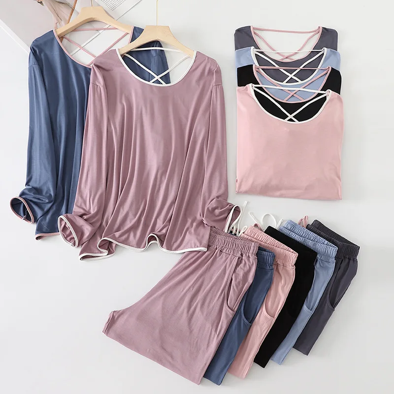 Custom Cross Back Design Two Pieces Short Modal Women's Home Pajamas Sleep Wear Set Women Nightwear Pajamas