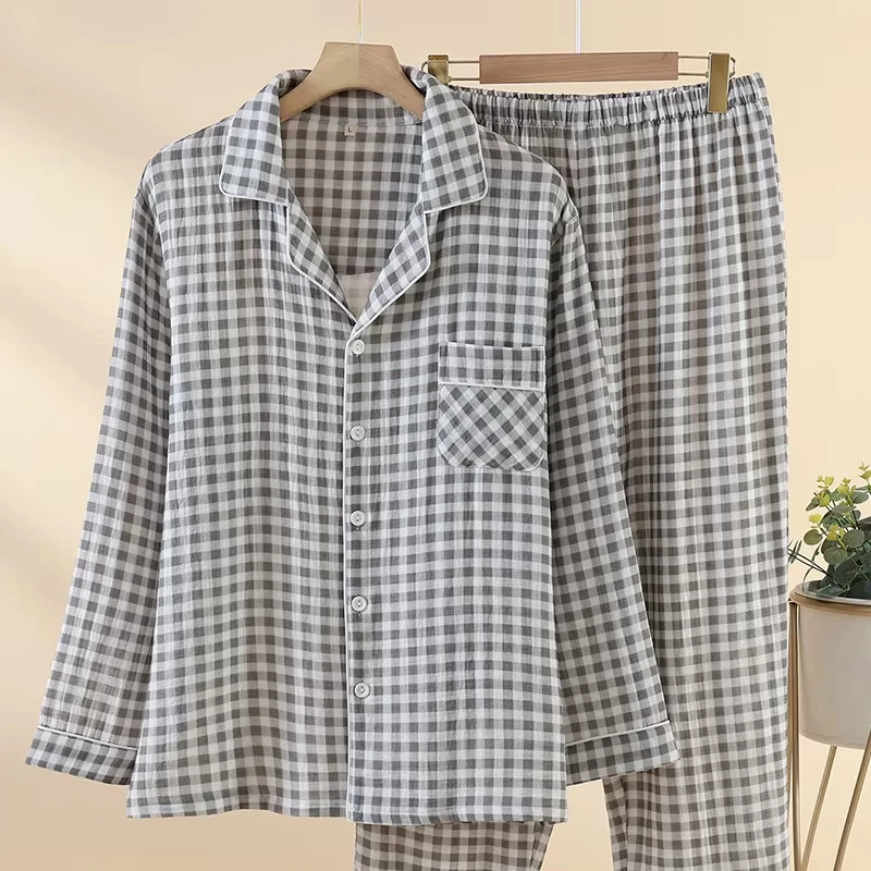 Custom Design Men's Crepe Cotton Plaid Shirt Pajama Sets Long-Sleeved Grid Sleepwear for Spring Summer Autumn