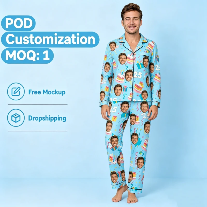 Custom Face Pajamas Set Button Down Personalized Photo PJs Long Sleeve Birthday Party POD Sleepwear MOQ 1 Dropshipping