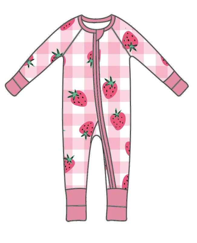 Custom Factory Baby Girls Strawberry Printed Long Sleeve Zipper Jumpsuit Footed Pajamas Toddler Sleepwear