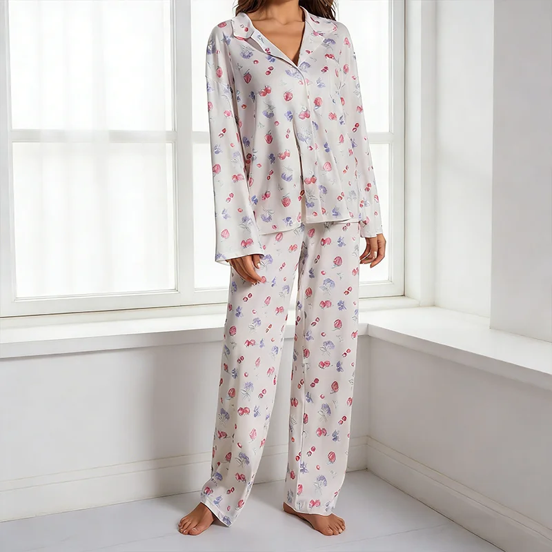 Custom Fruit Print Breathable Bamboo Cotton Long Sleeve Pocket Front Women's Pajamas Sleepwear Lounge