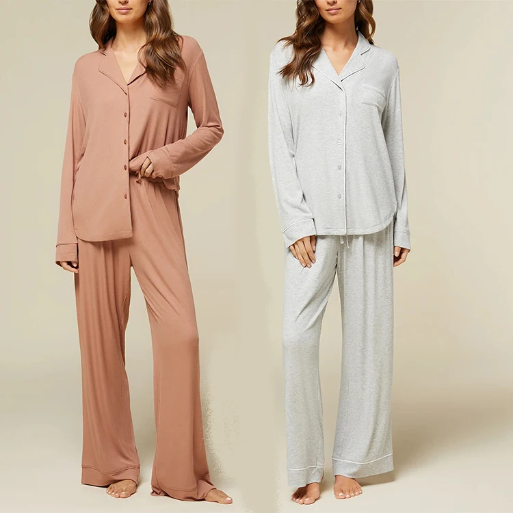 Custom Girls Soft Button Down Pyjamas Sleepwear Womens 2 Pieces Modal Spandex Ribbed Long Sleeve Pajama Sets Women