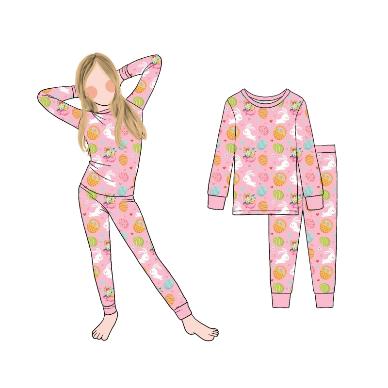 Custom High Quality Soft Autumn Winter Snug Fitted Lounge Wear Sleepwear Long Sleeve Girls 2pc Pants Pajamas Set