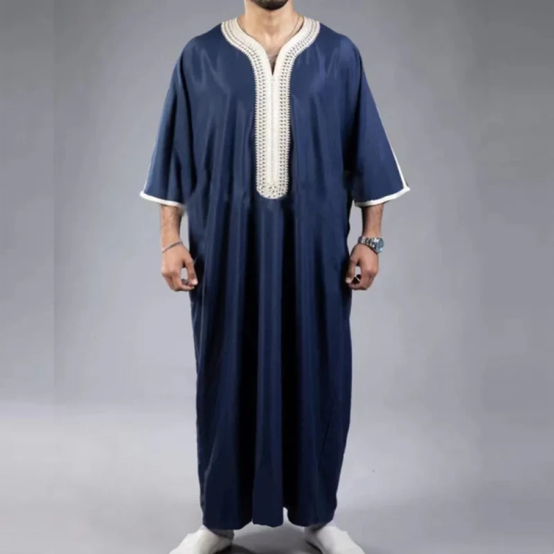 Custom Islamic Embroidered Loose Solid Color Moroccan Men's Muslim Thobe Robe Jibba Abaya