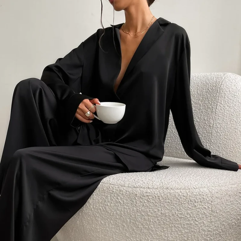 Custom Ladies Women's Satin Woven Long Sleeved Silk Shirt Trousers Breathable Two Piece Pajamas for Summer Home Use