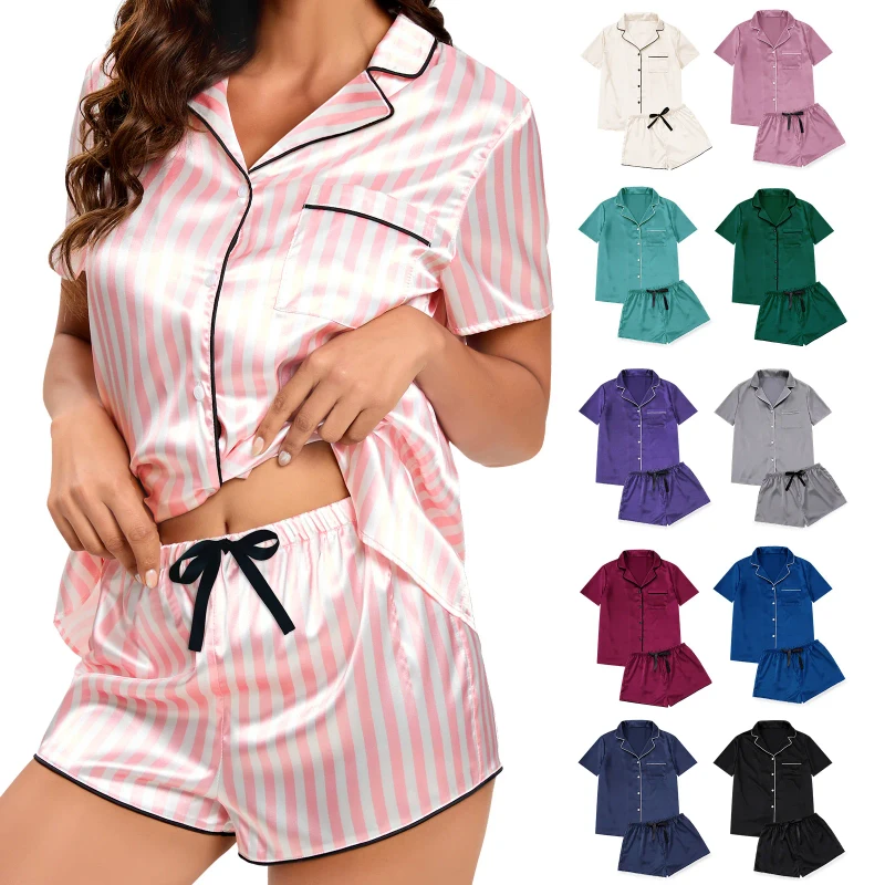 Custom Logo Girls & Women's Striped Silky Satin Pajamas Short Sleeve Top with Shorts Sleepwear PJ Set Drawstring Short