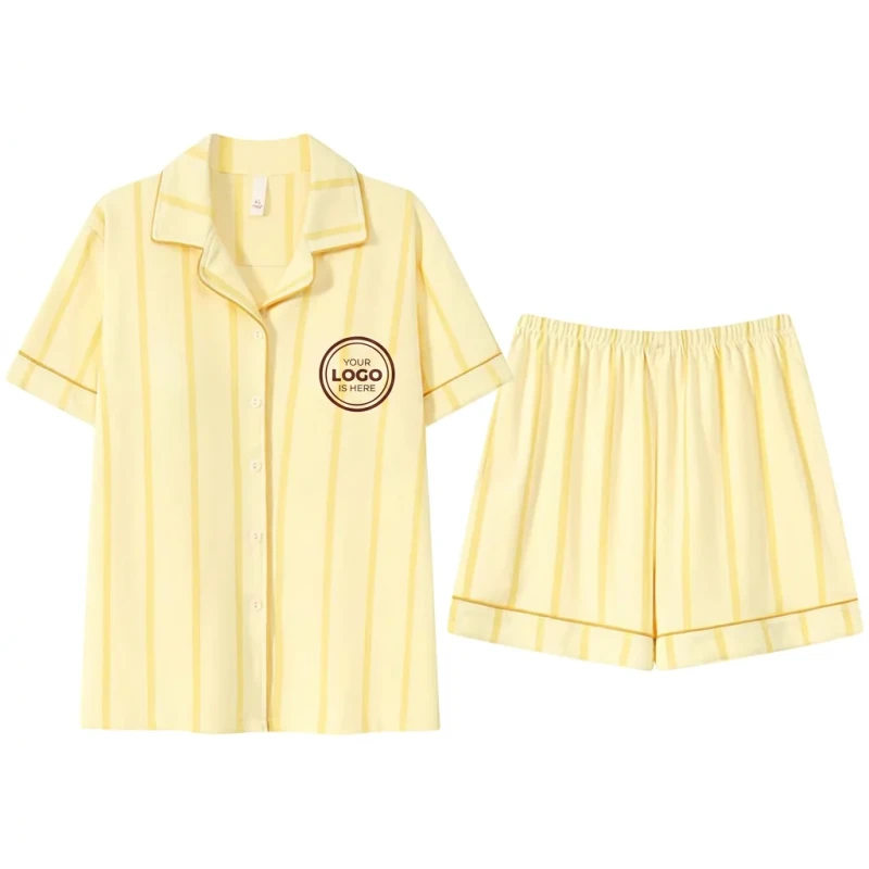 Custom Logo Loose Fit Notch Lapel Short Sleeve Sleepwear Classic Yellow Striped Cotton Women's Pajama Set