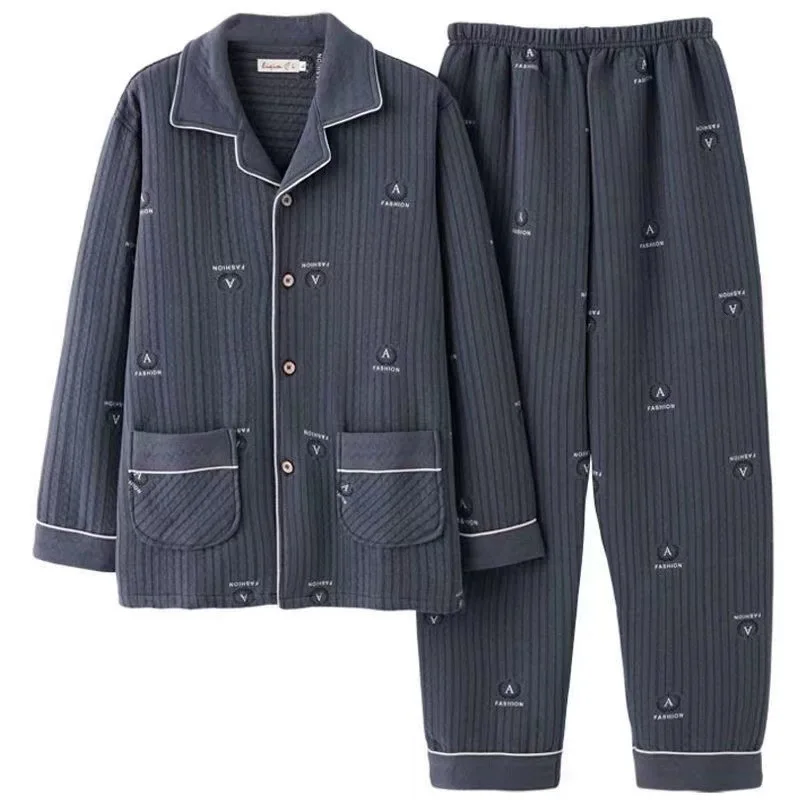 Custom Logo Men 2 Piece Pajama Set Long Sleeve Plus Size Button Down Sleepwear Loungewear Pjs OEM ODM Manufacturers
