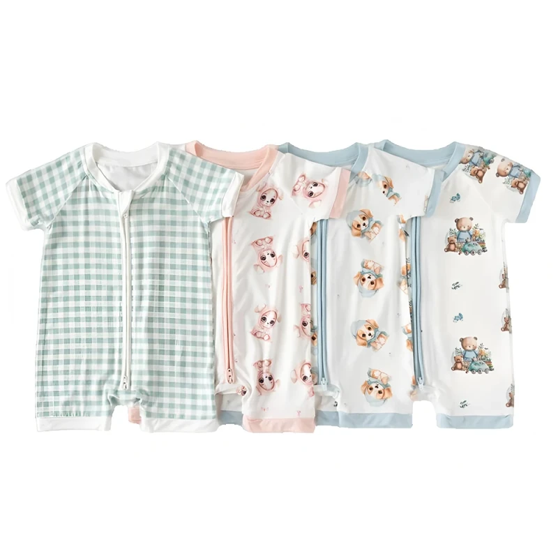 Custom Logo Print 95% Bamboo 5% Spandex Baby Toddler Short Sleeve Romper Kid Pajamas Sleeper Clothes
