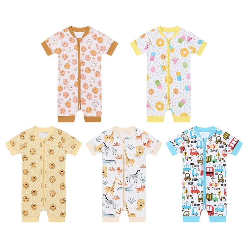 Custom Logo Print 95% Bamboo 5% Spandex Baby Toddler Short Sleeve Romper Kid Summer Infant Pajamas Sleeper Pyjamas Clothes