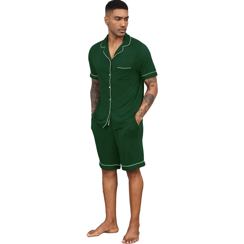 Custom Logo S-2XL Pajama Men's Cardigan Modal Men's Short Sleeved Summer Pajama Lapel Shorts Set Home Wear