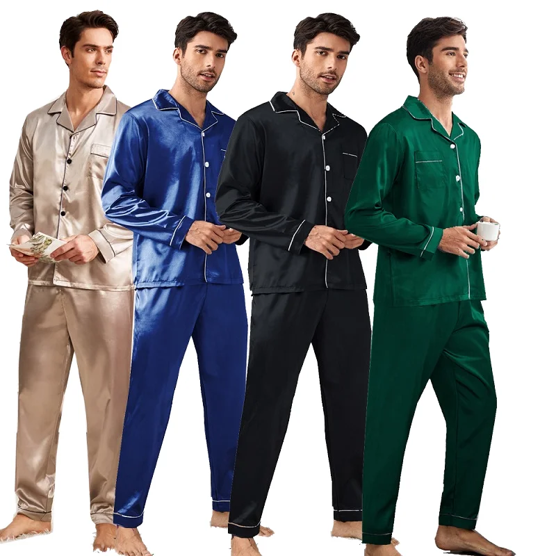 Custom Logo Satin Silk Men's Pajamas Sets 2 Piece Breathable Long Sleeve Solid Sleepwear