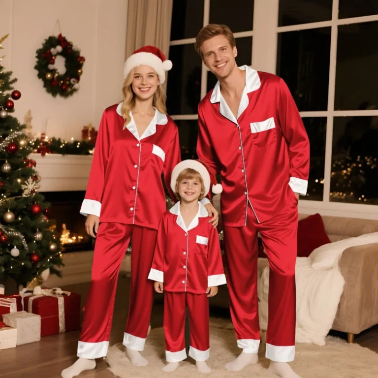 Custom-Logo-Solid-Color-Satin-Family-Pajamas-Set-Parent-Child-Matching-Pajamas-Family-Sleepwear