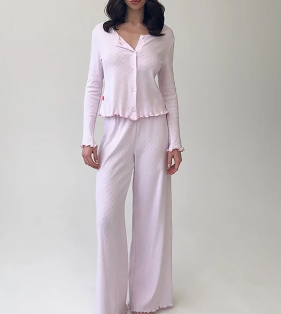 Custom Logo Spring Satin Lettuce Ruffle Knee Length Bamboo Modal Women's Lounge Wear Robe Breathable Soft V neck pajama set custom for women custom