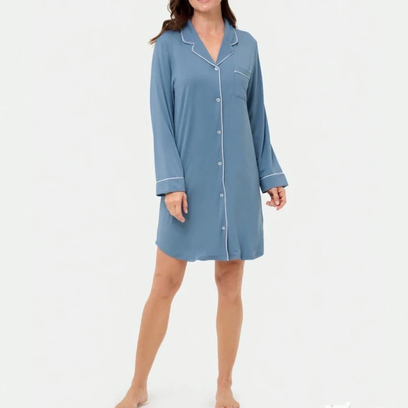 Custom Logo Thermal Elegant Womens Sleepwear Nightdress Modal Bamboo Spandex Solid Color Long Sleeved Home Use
