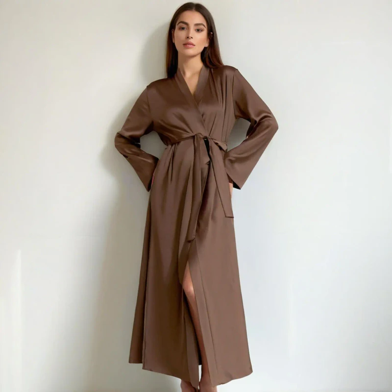 Custom Long Ankle Length Silky Fashion Satin Women's Robe Homewear Long Slit Long Sleeve Luxury Soft Breathable Satin Robes